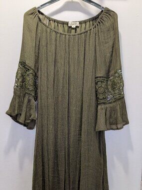Indigo Rose Bohemian Style Olive Green Tunic Dress with Crochet Lace Sleeves